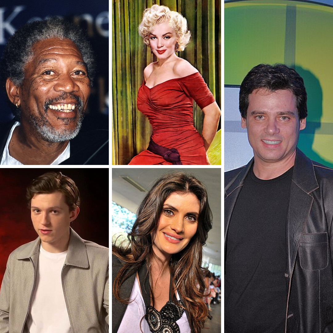 Grid de imagens com fotos de Morgan Freeman, Marilyn Monroe, Tom Holland, Isabela Fiorentino e Celso Portiolli