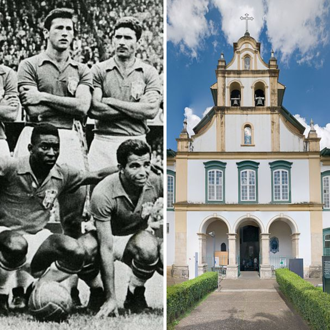 Montagem com imagens dos ganhadores da Copa de 1958 e do Museu de Arte Sacra