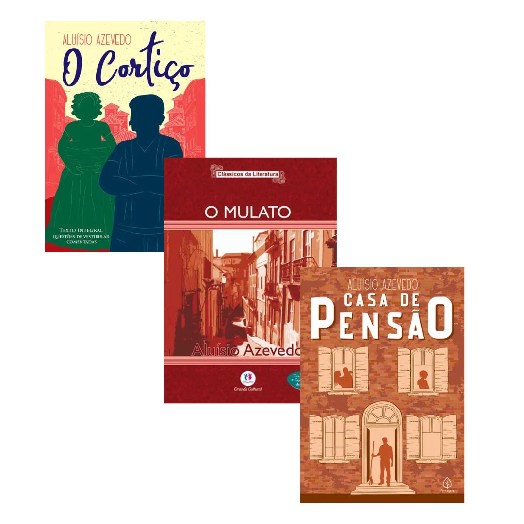 Capas dos livros O Cortiço, O mulato e Casa de pensão.
