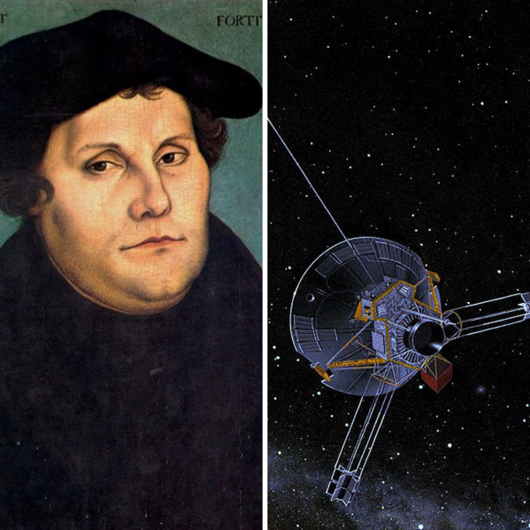 Grid de imagens de Martinho Lutero e Pioneer 10