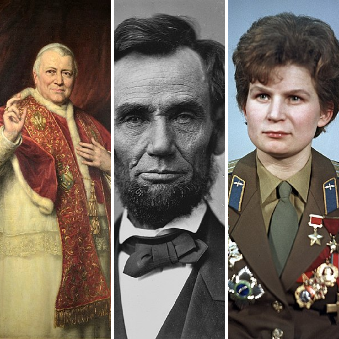 Imagens de Papa Pio, Abraham Lincol e Valentina Tereshkova