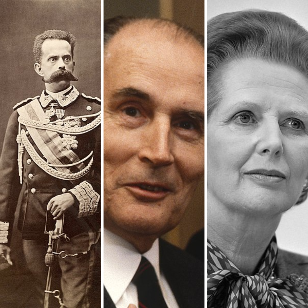 Montagem com fotos de Rei Umberto I, t François Mitterrand e Margaret Thatcher