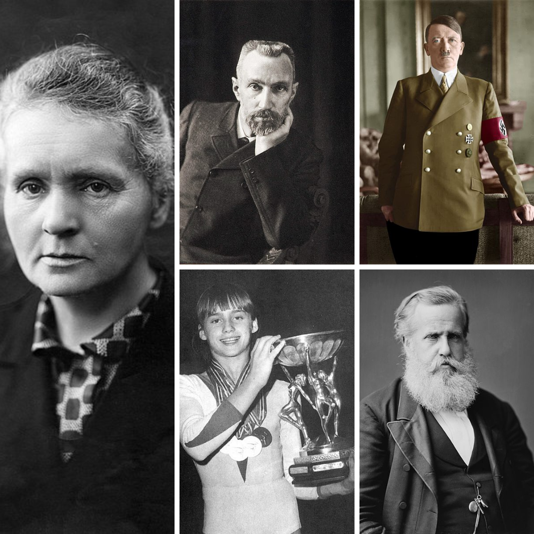 Montagem com fotos de Marie Curie, Pierre Curie, Adolf Hitler, Nadia Comaneci