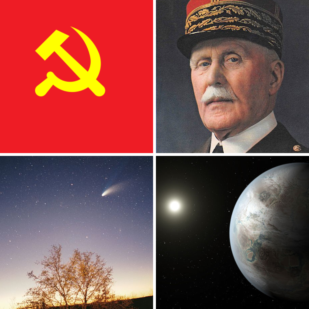 Montagem com fotos do logo do Partido Comunista da China, Philippe Pétain, Cometa Hale-Bopp e Kepler.