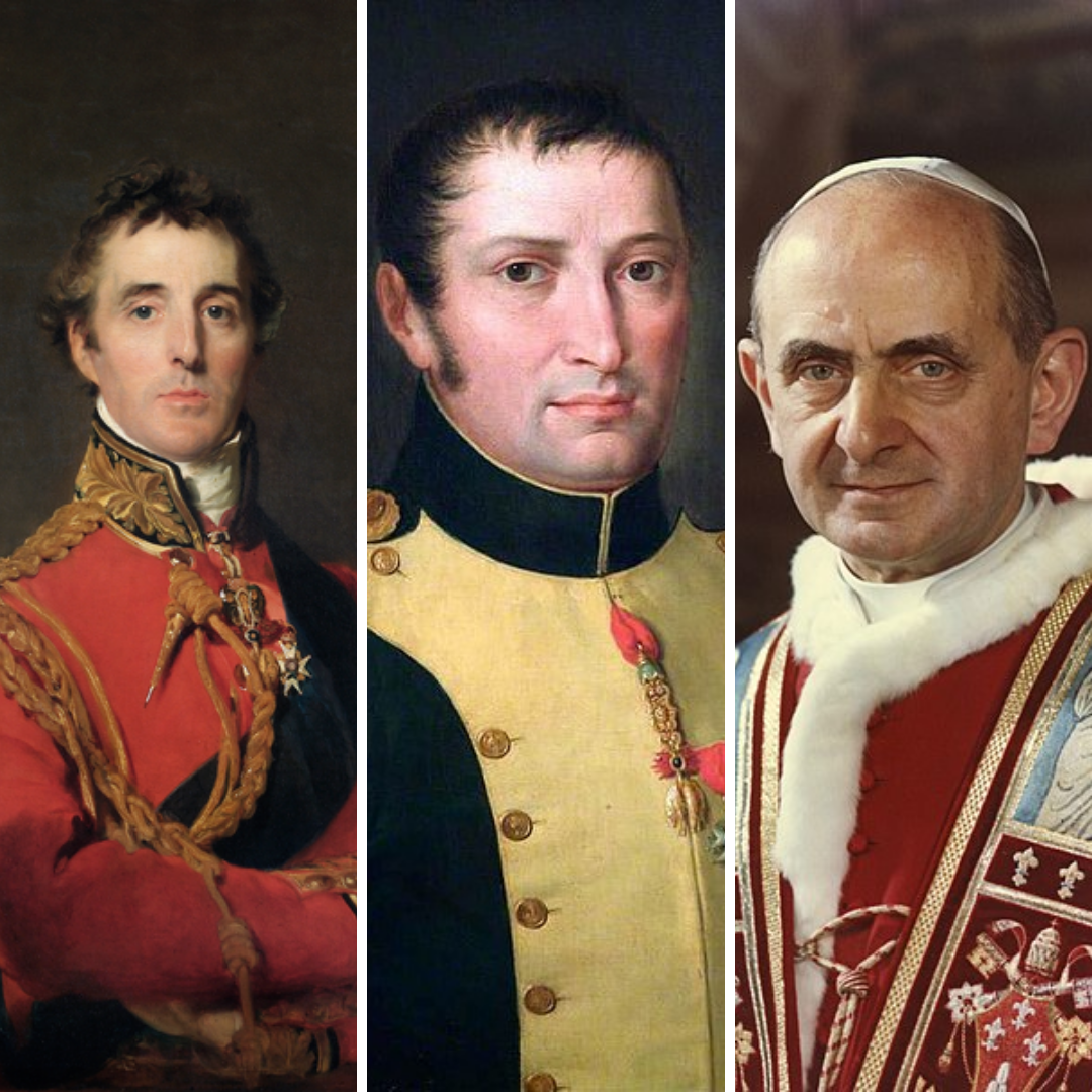 Montagem com imagens de Arthur Wellesley, José Bonaparte e Papa Paulo VI