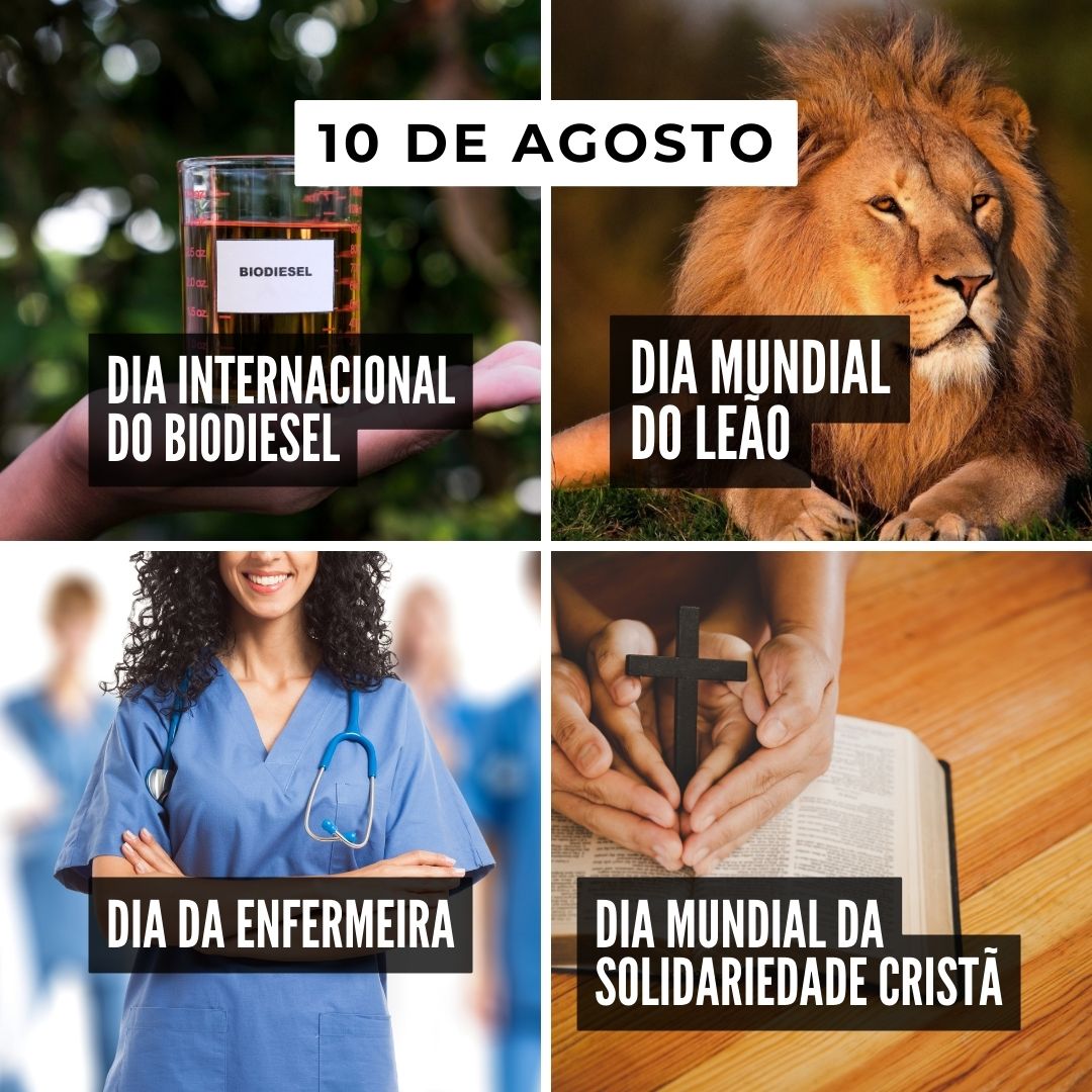 '10 de agosto. 1-Dia Internacional do Biodiesel. 2-Dia Mundial do Leão. 3-Dia da Enfermeira. 4-Dia Mundial da Solidariedade Cristã.' - 10 de agosto
