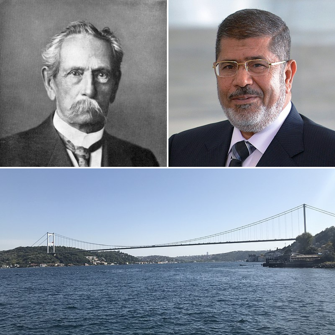 Montagem com fotos de Benz, Mohamed Mursi e a ponte.