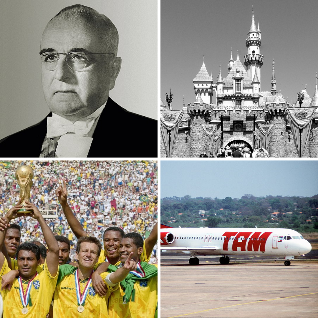 ' 1- 1934 - Getúlio Vargas. 2- 1955 - a Disneylândia é inaugurada. 3- 1994 - o Brasil vence a Copa do Mundo. 4- 2007 - um avião da TAM cai no Aeroporto de Congonhas, em São Paulo.' - 17 de julho