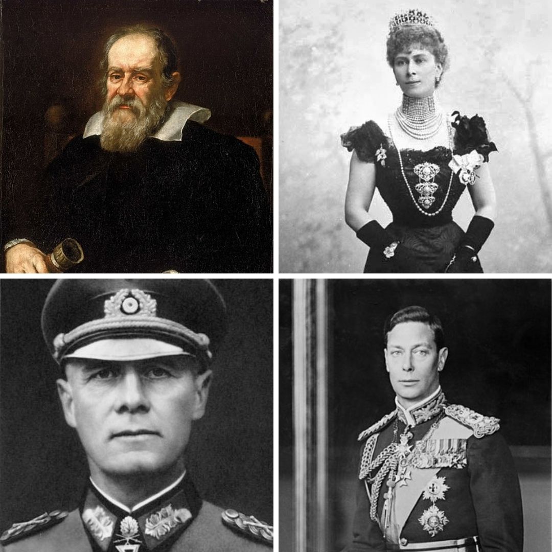 Montagem com imagens de Galileo Galilei, Mary de Teck, Erwin Rommel  e Rei George IV