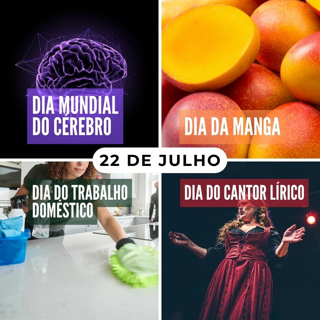 '22 de julho. 1-Dia Mundial do Cérebro. 2-Dia da Manga. 3-Dia do Trabalho Doméstico. 4-Dia do Cantor Lírico.' - 22 de julho