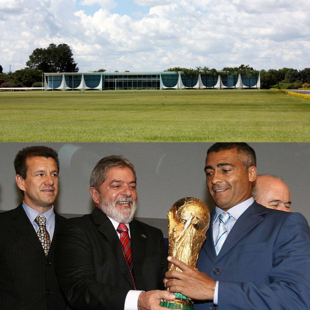 ' Montagem com foto do Palácio da Alvorada Dunga e foto de Lula e Romário segurando a taça da Copa do Mundo Fifa.'- 30 de junho