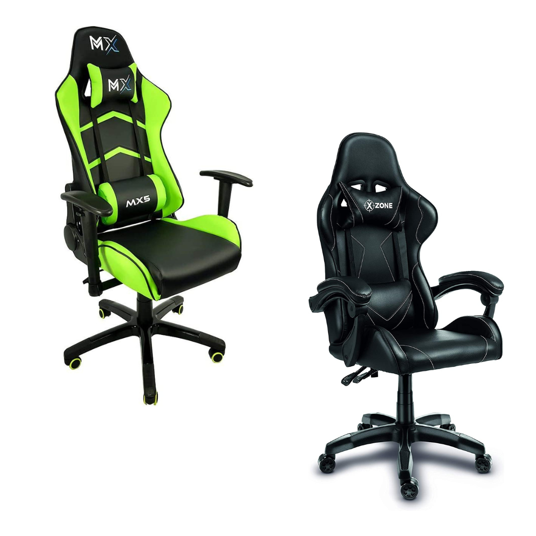 'Duas Cadeiras Gamer, Uma verde e preta e outra toda preta.'