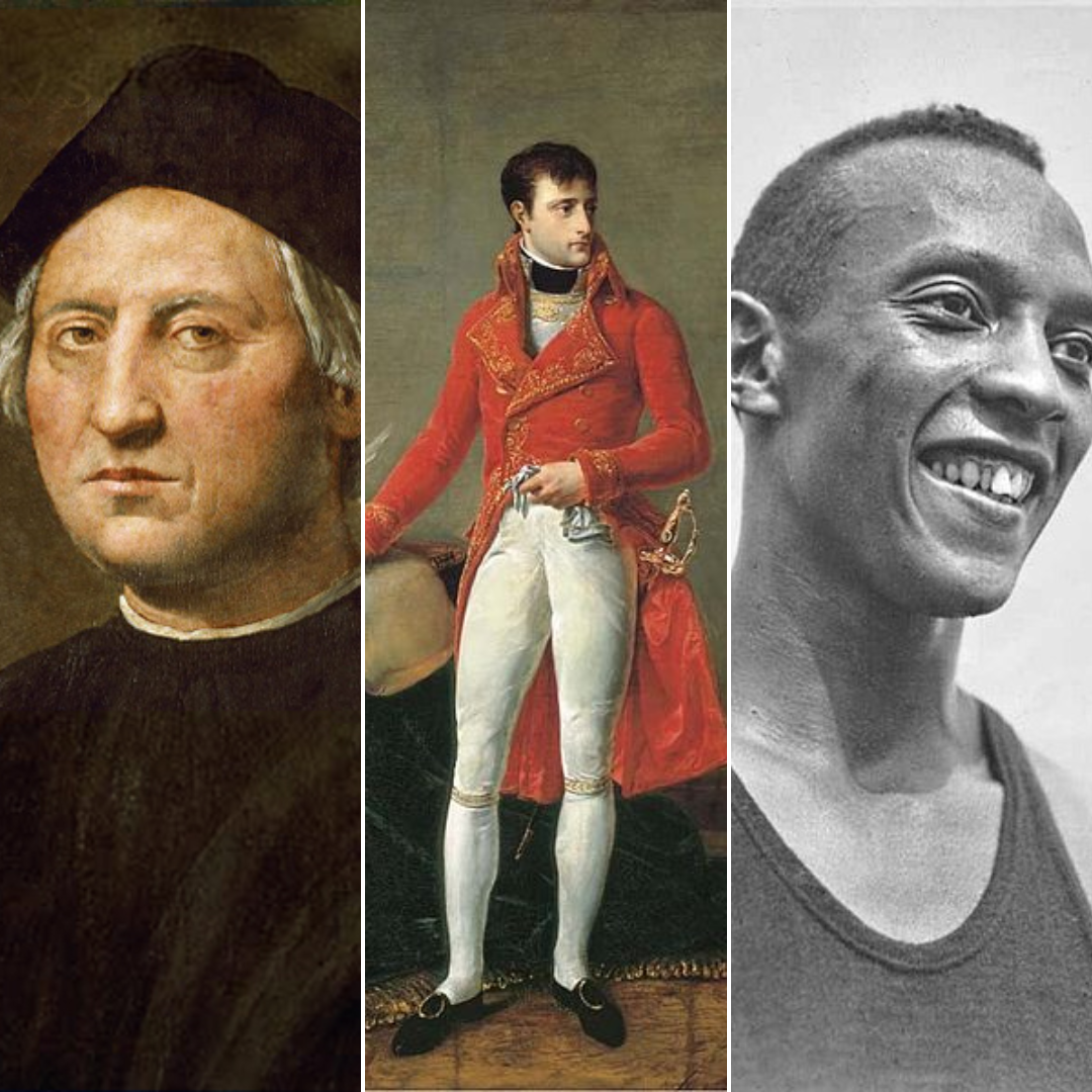 Montagem com fotos de Colombo, Napoleão e Jesse Owens