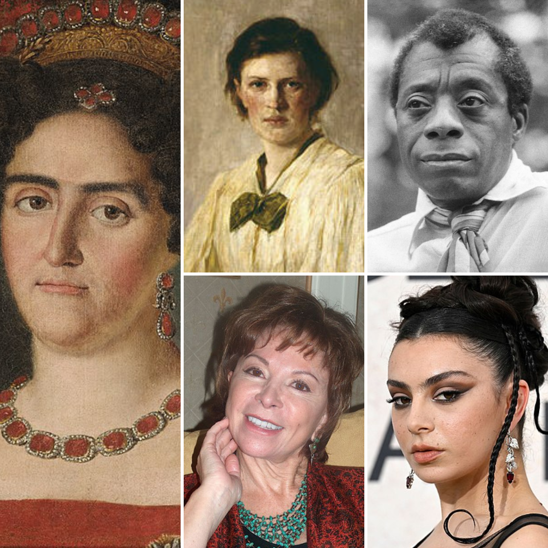 Montagem com imagens de Maria Francisca de Bragança, Marianne Weber, James Baldwin, Isabel Allende e Charli XCX