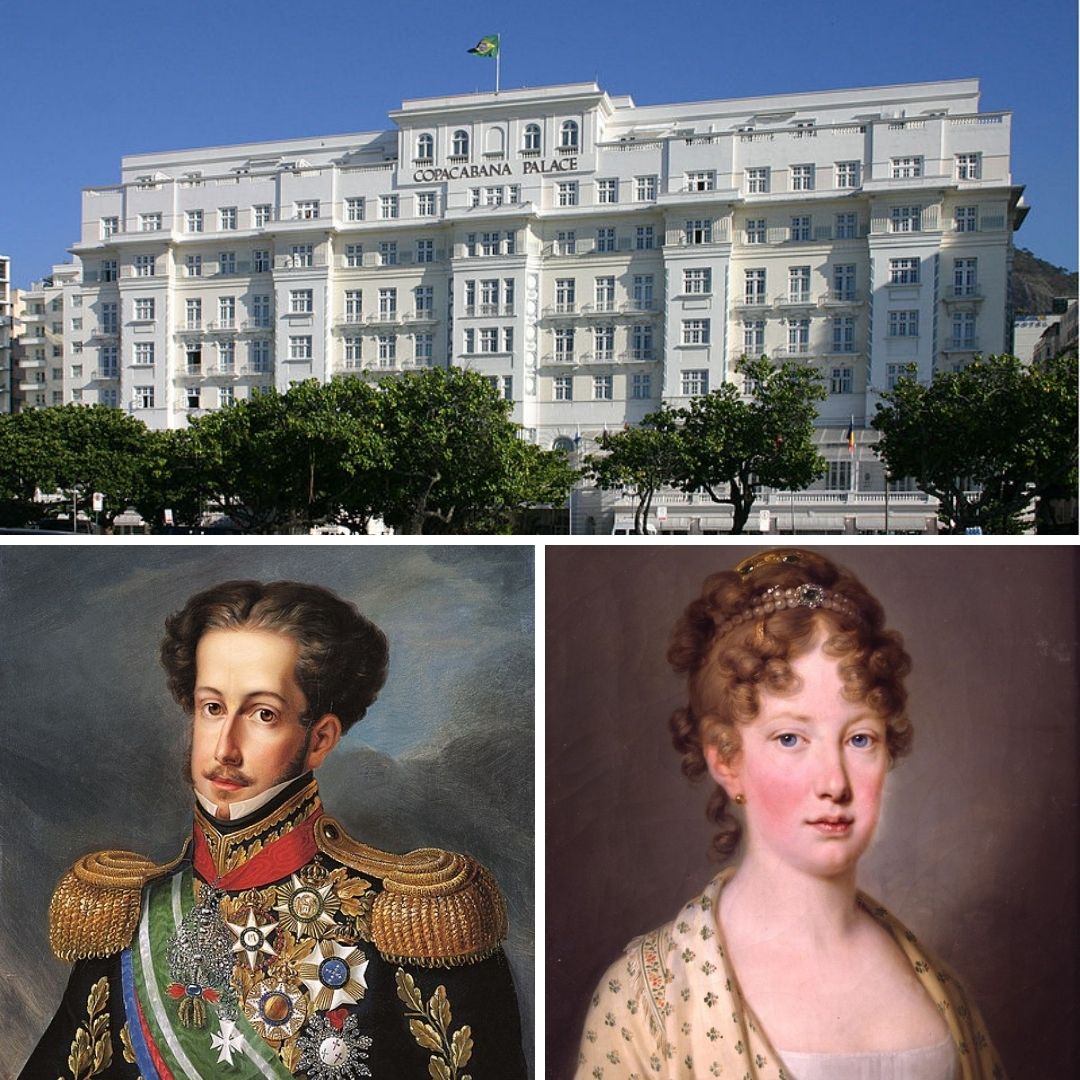 Montagem com fotos de Hotel Copacabana Palace, Dom Pedro I e Leopoldina.