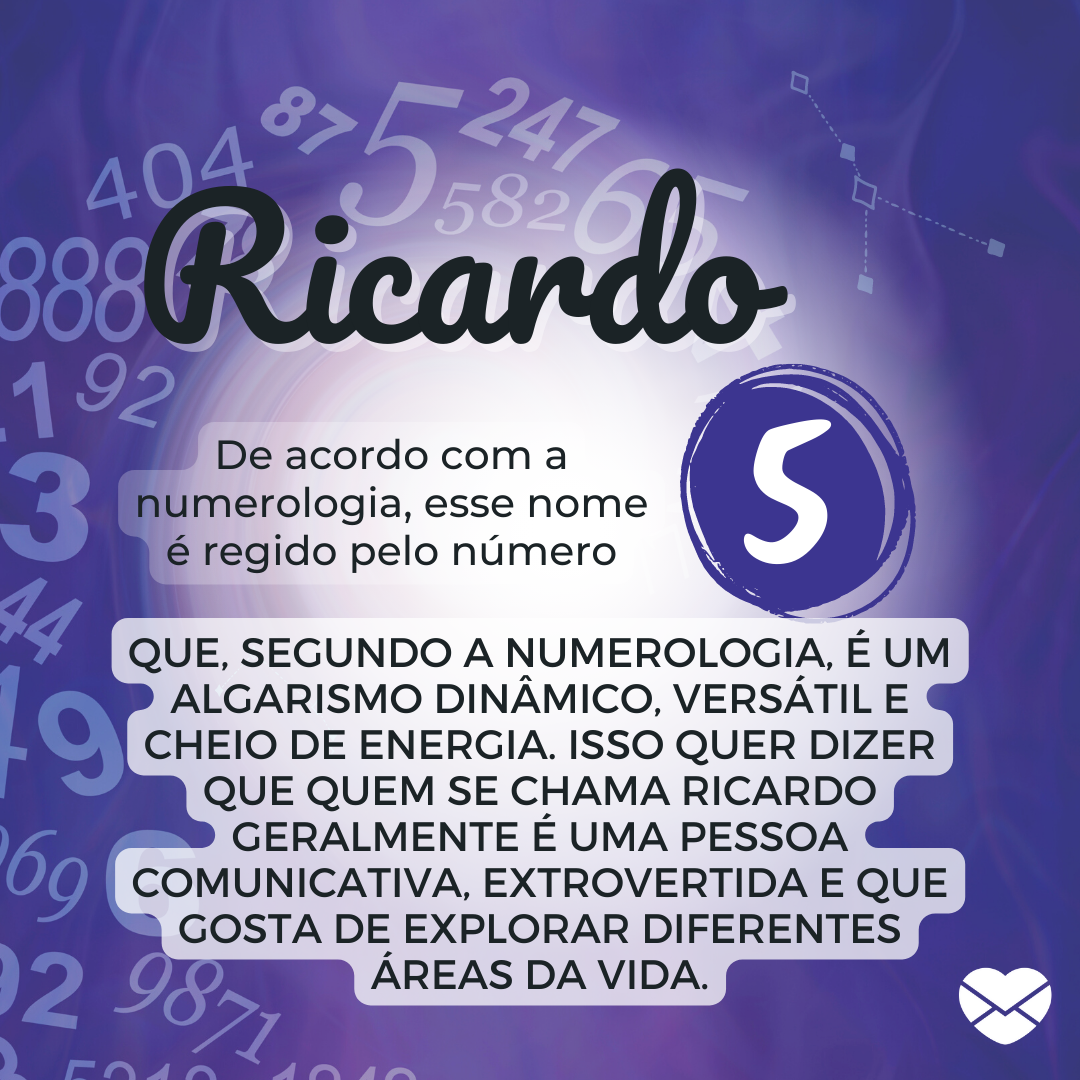 'RicardoDe acordo com a numerologia, esse nome é regido pelo número 5.  é versátil e cheio de energia. Isso quer dizer que quem se chama Ricardo geralmente é uma pessoa comunicativa, extrovertida e que gosta de explorar diferentes áreas da vida. ' - Significado do nome Ricardo