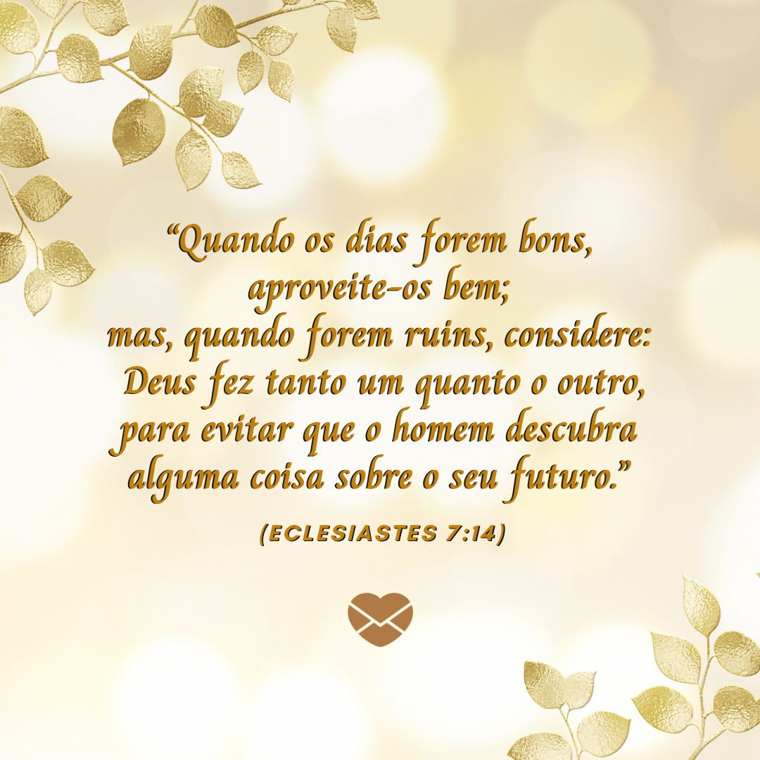 '' “Quando os dias forem bons, aproveite-os bem; mas, quando forem ruins, considere:  Deus fez tanto um quanto o outro, para evitar que o homem descubra alguma coisa sobre o seu futuro.” (Eclesiastes 7:14)'' - Livro de Eclesiastes - Bíblia sagrada online