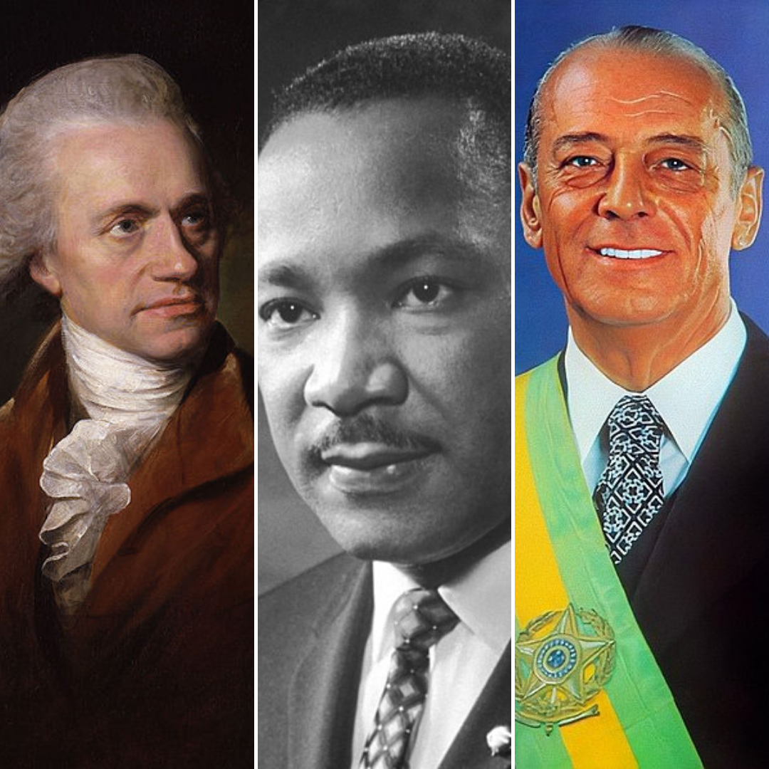 Montagem com imagens de William Herschel, Martin Luther King e João Figueiredo