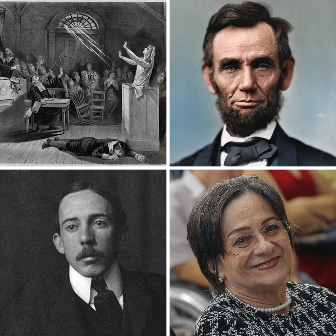 Montagem com fotos do Julgamento de Salém, Abraham Lincoln, Santos Dumont e Maria da Penha.