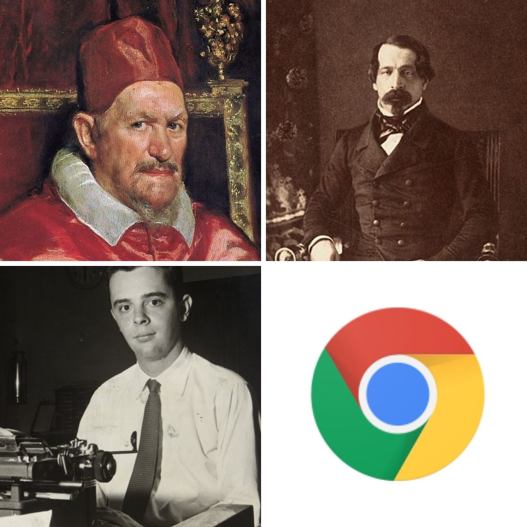 Montagem com imagens de Papa Inocencio X, Napoleão III, Márcio Alves e Google Chrome.