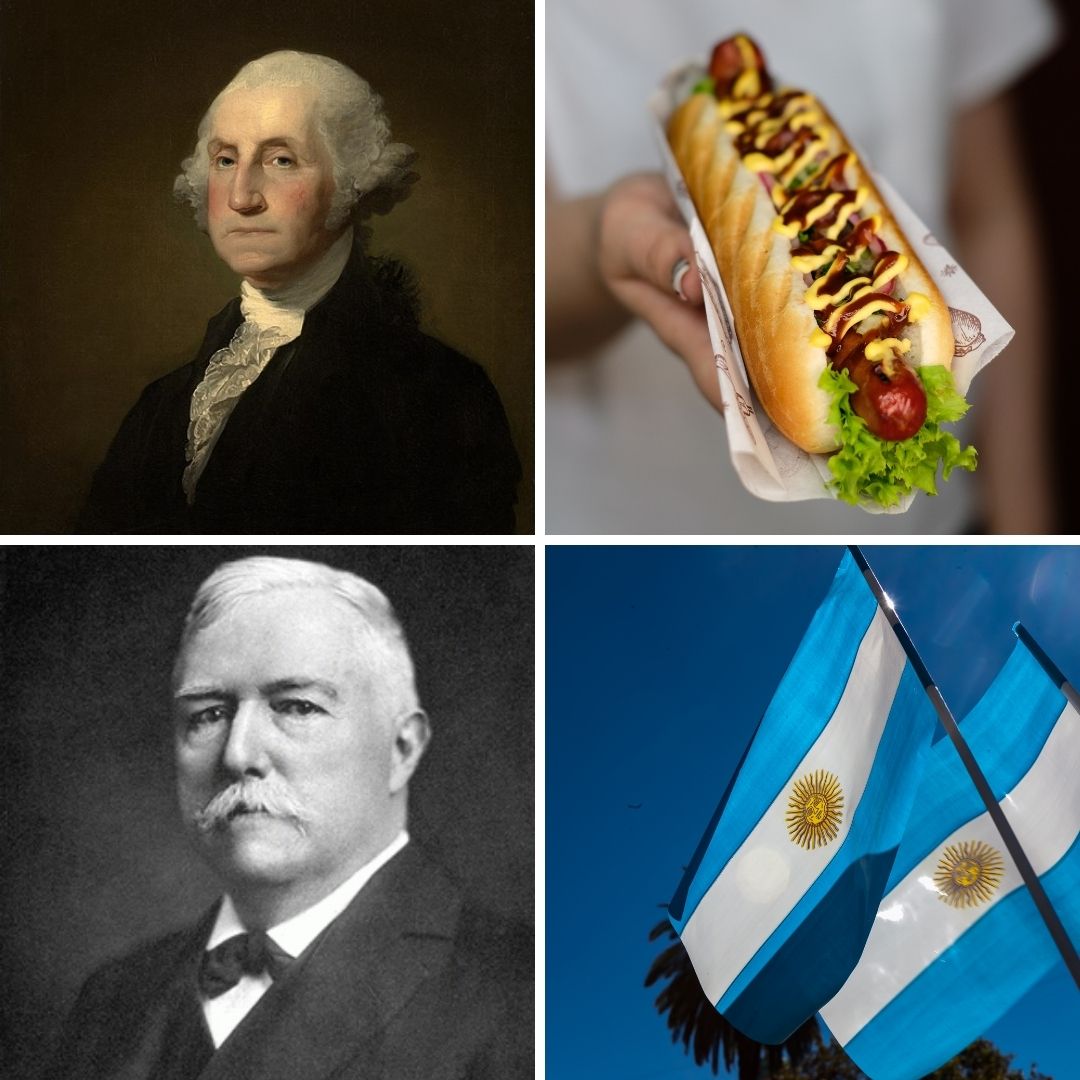 Montagem com fotos de George Washington, hotdog, Edward Emerson Barnard e bandeira da Argentina.