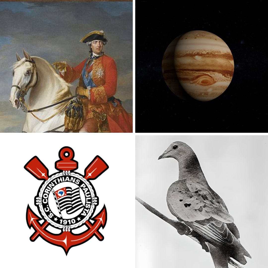 Montagem com imagens de Luis XV, Júpiter, Corinthians e Martha (pombo)