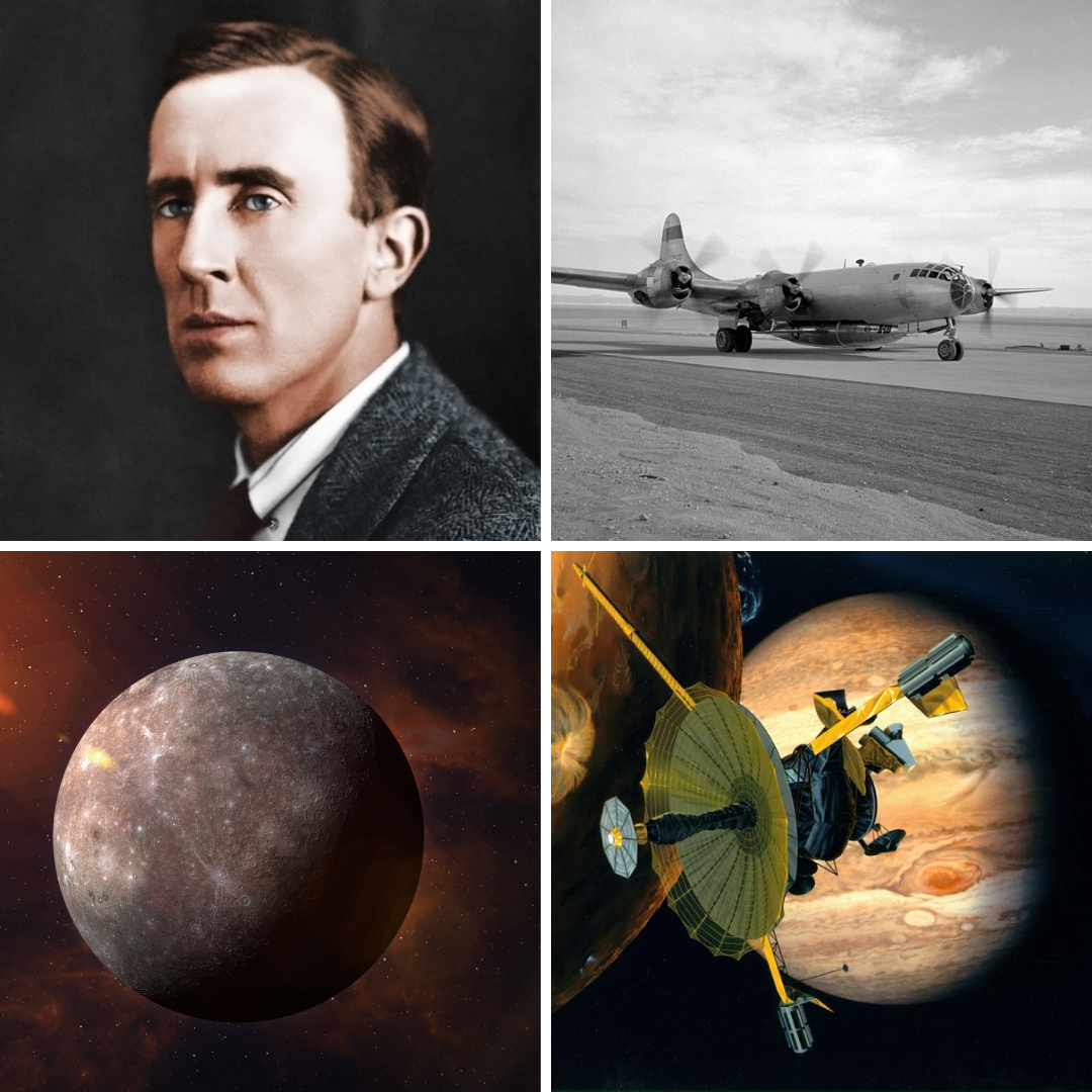 Montagem com fotos de Tolkien, Boeing B-29, Mercúrio e Sonda Galileo.