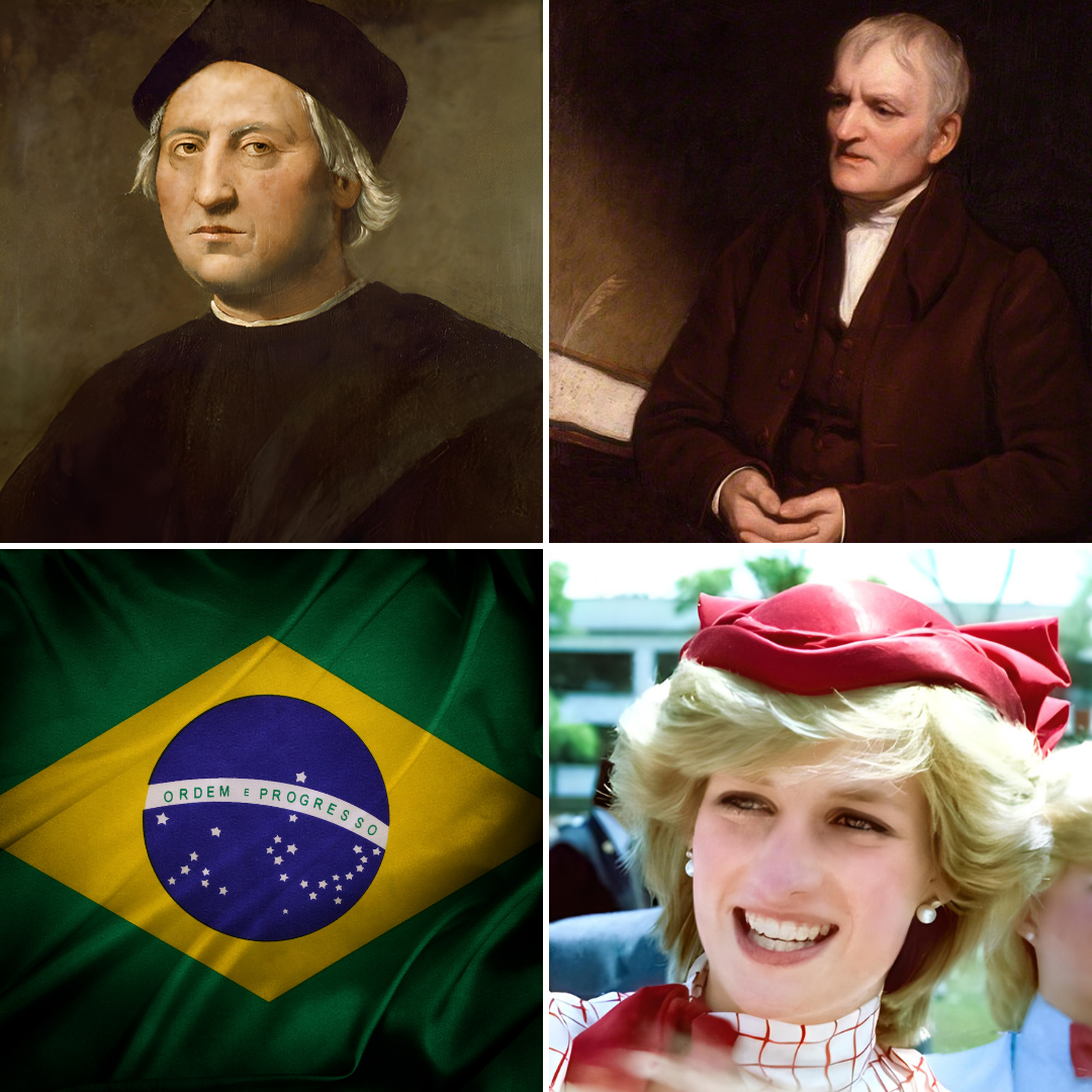 Montagem com fotos de Colombo, John Dalton, bandeira do Brasil e Princesa Diana.