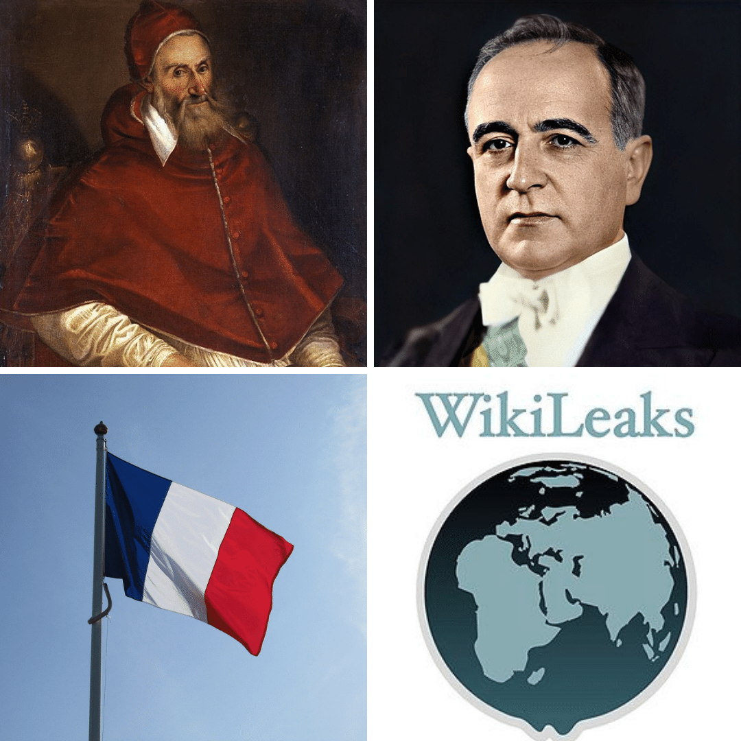 Montagem com fotos de Papa, Getúlio, bandeira da França e WikiLeaks.