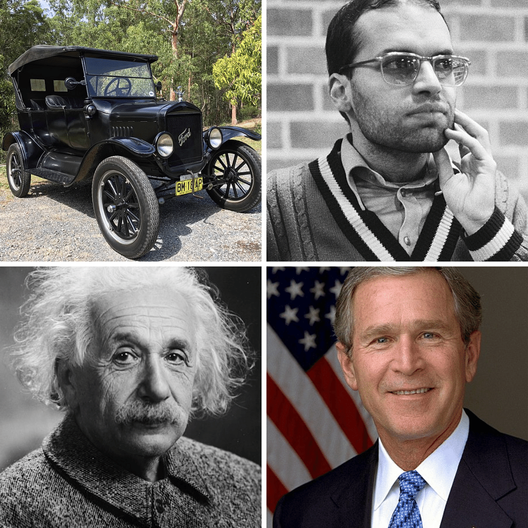 Montagem com fotos Ford, Henrique Mecking, Albert Einstein e George Bush.