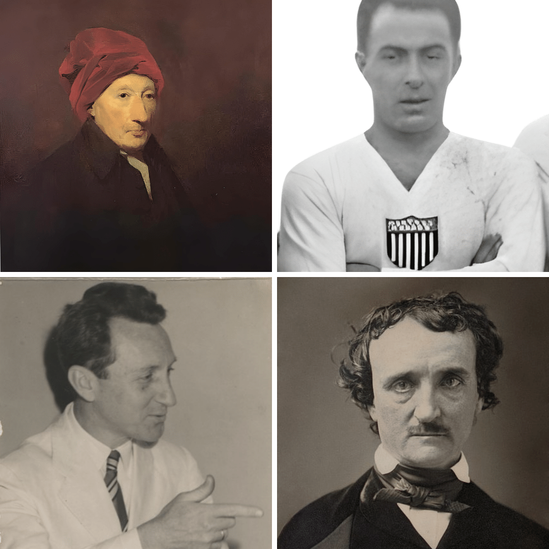 Montagem com fotos Thomas Reid, Jimmy Gallagher, Carlos Gracie e Edgar Allan Poe.