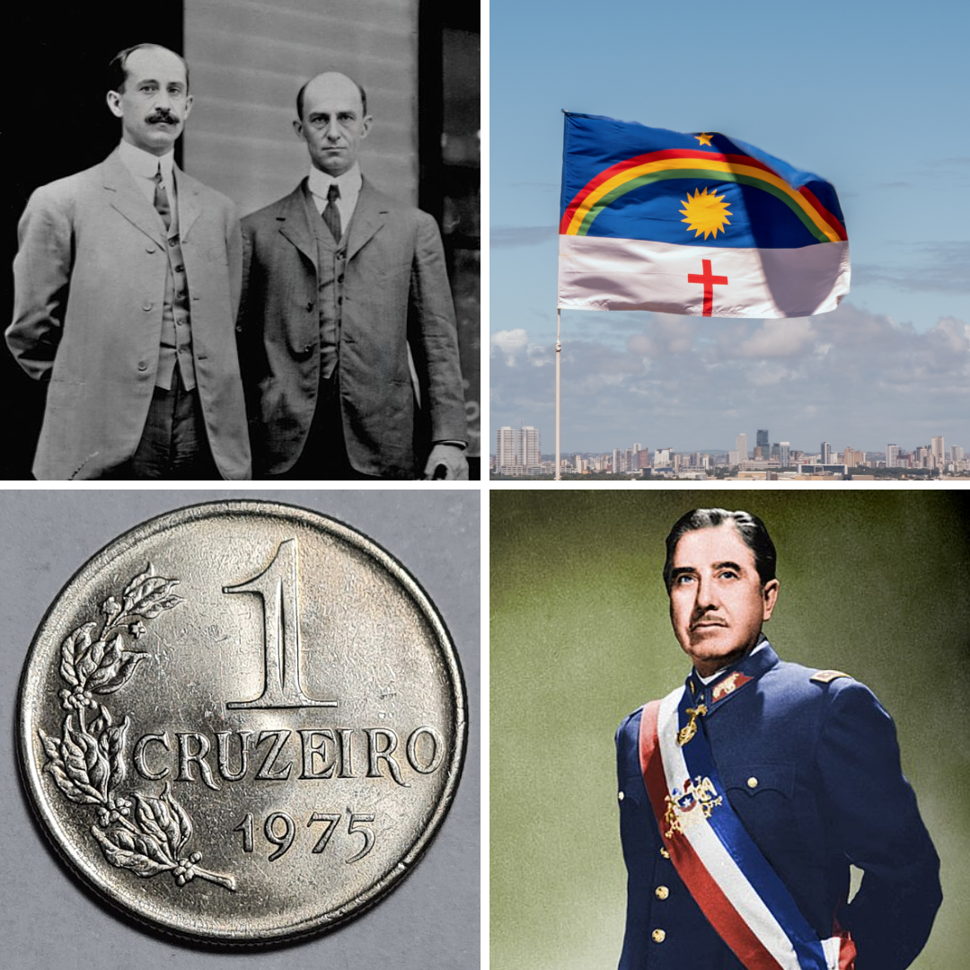 Montagem com fotos dos irmãos Wright, bandeira de Pernambuco, Cruzeiro (moeda brasileira) e Pinochet.