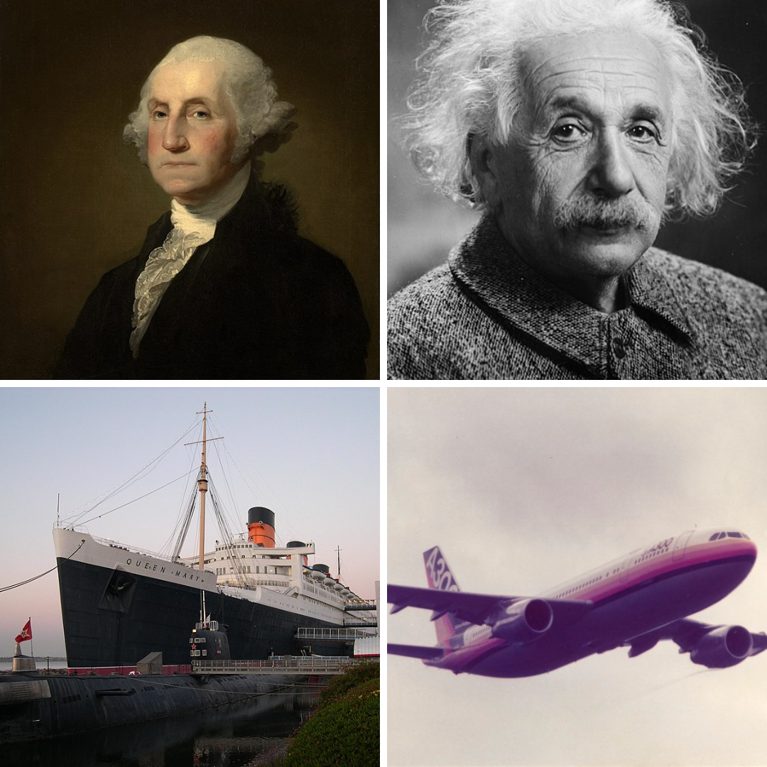 Montagem com fotos George Washington, Albert Einstein, Queen Mary e Airbus 300.