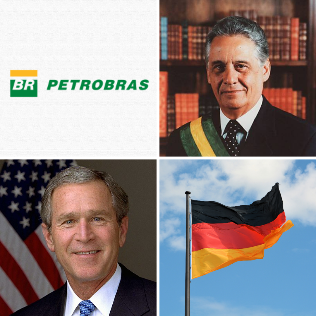 Montagem com fotos de logo da Petrobras, Fernando Henrique, George w Bush e República Federal da Alemanha.