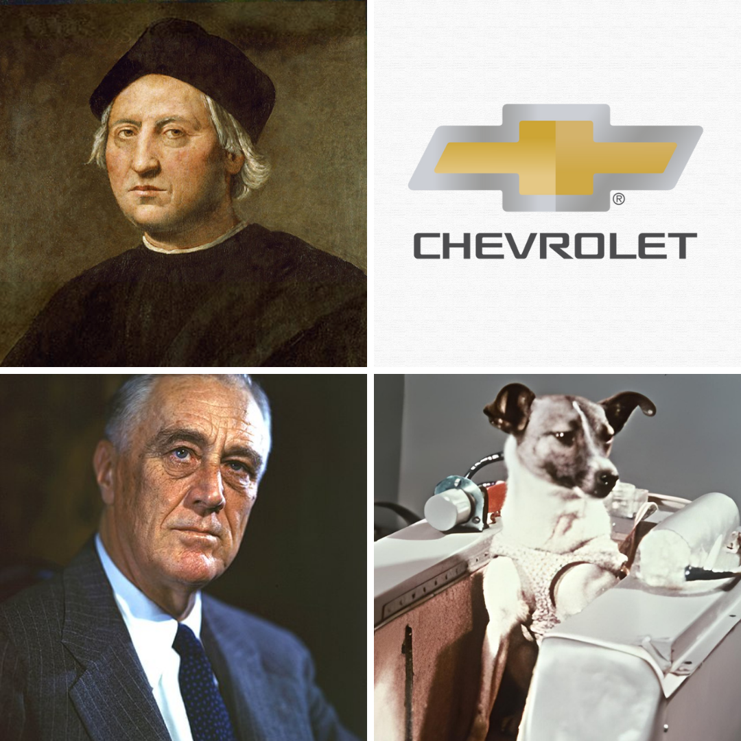 Montagem com fotos de Colombo, logo da Chevrolet, Roosevelt e Laika.