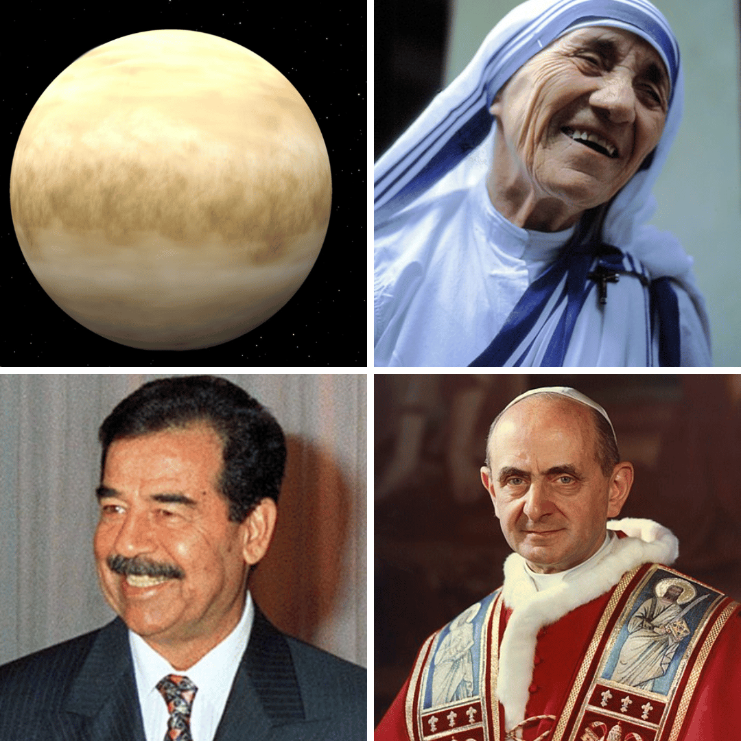 '1- 1967 - O planeta Vênus recebe o voo da sonda Mariner 5. 2- 2003 - É realizada a beatificação da Madre Teresa de Calcutá. 3- 2005 - Saddam Hussein é julgado em Bagdá. 4- 2014 - É realizada a beatificação do Papa Paulo VI. ' - 19 de outubro