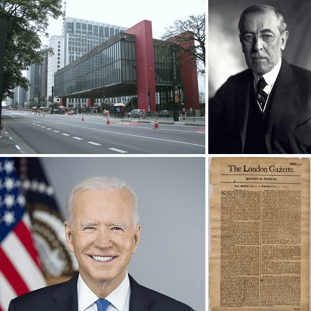 Montagem com fotos do MASP, Woodrow Wilson, Biden e The London Gazzete.