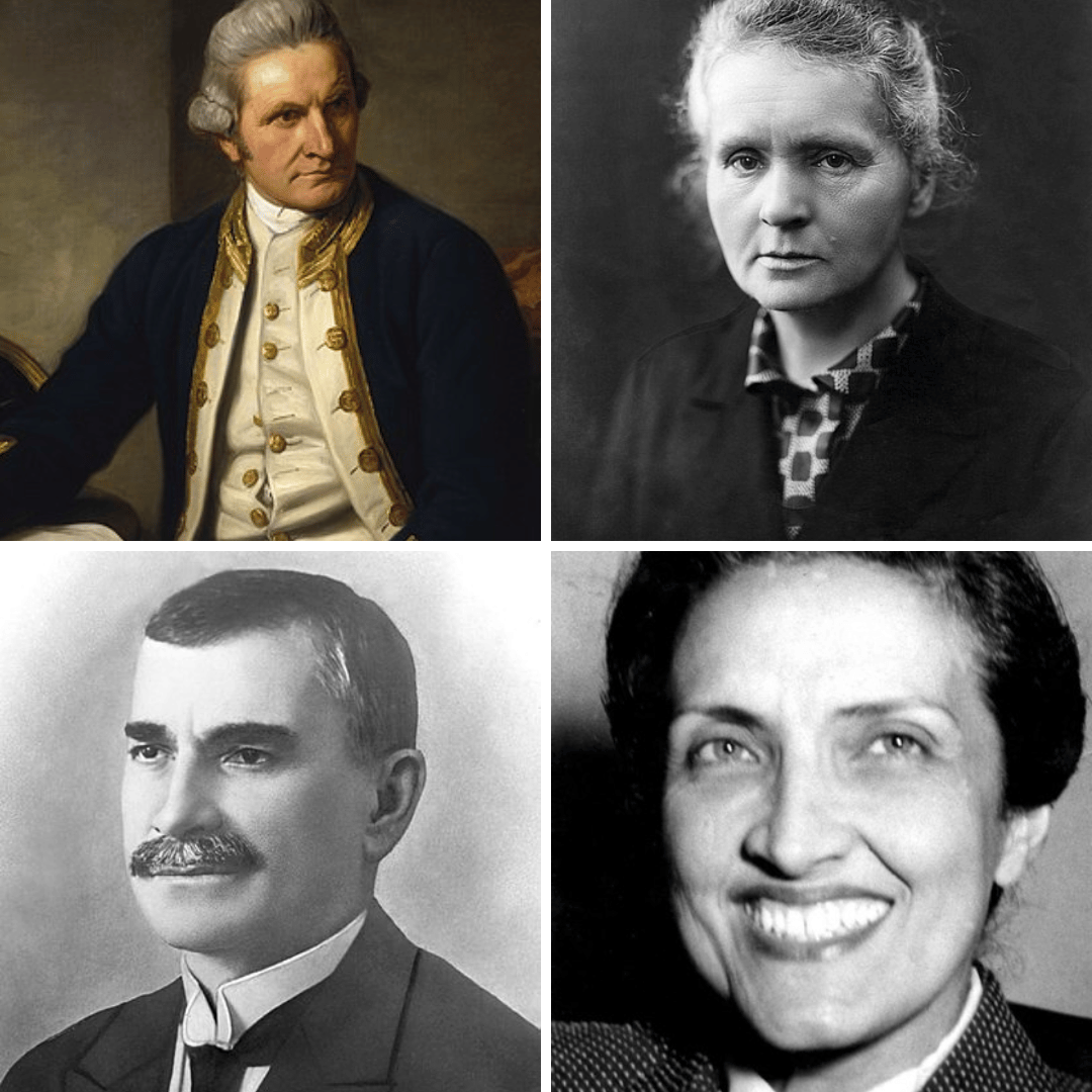Montagem com fotos de James Cook, Marie Curie, Delfim Moreira e Cecília Meireles.