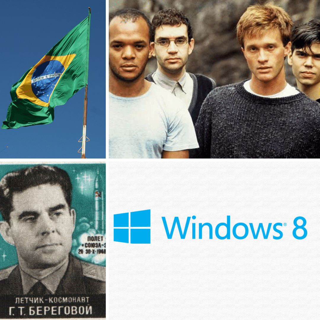 Montagem com fotos de bandeira do Brasil, Legião Urbana, Windows 8 e Georgy Beregovoy