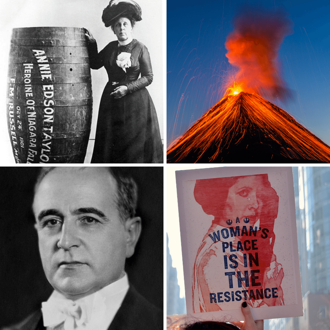 Montagem com fotos de Annie Taylor, vulcão em erupção, Getúlio Vargas e manifestação de mulheres.