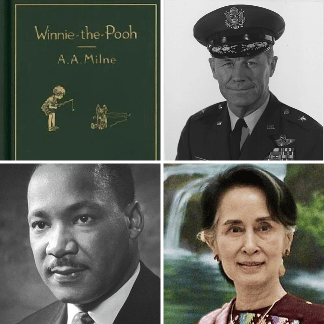 Montagem com fotos de Pooh, Martin Luther King, Yeager e Aung.