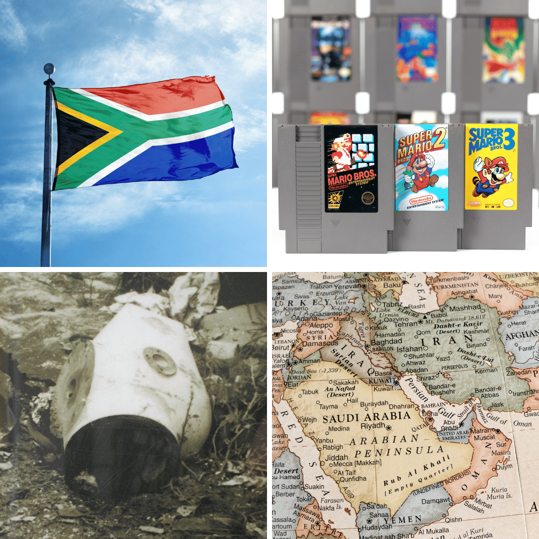 África do Sul, Mario Bros, acidente radioativo de Goiânia e Oriente Médio.