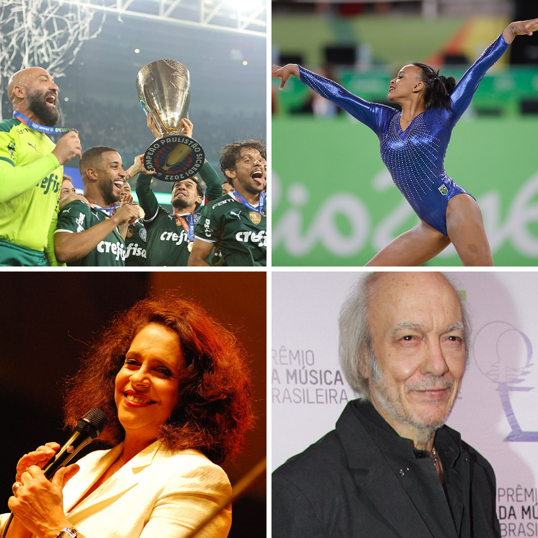 Montagem com fotos de Palmeiras campeão, Rebeca, Gal Costa e Erasmo Carlos