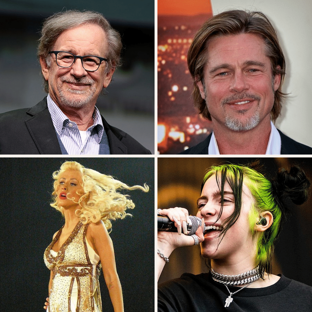 'Montagem com fotos de Steven Spielberg, Brad Pitt, Christina Aguilera  e Billie Eilish.'- 18 de dezembro