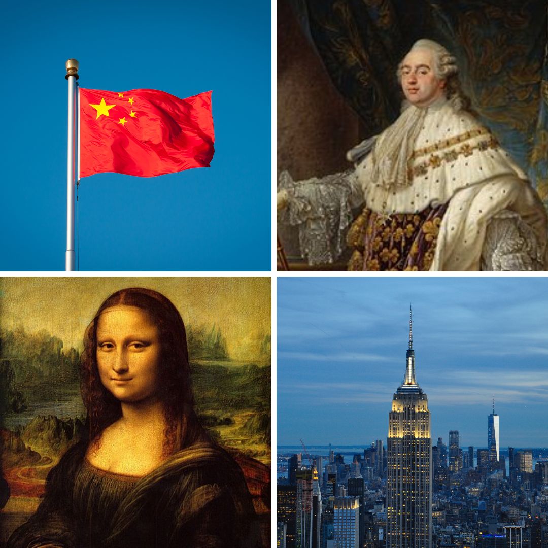 Montagem com fotos de China, Luis XVI, Mona Lisa e Empire State Building