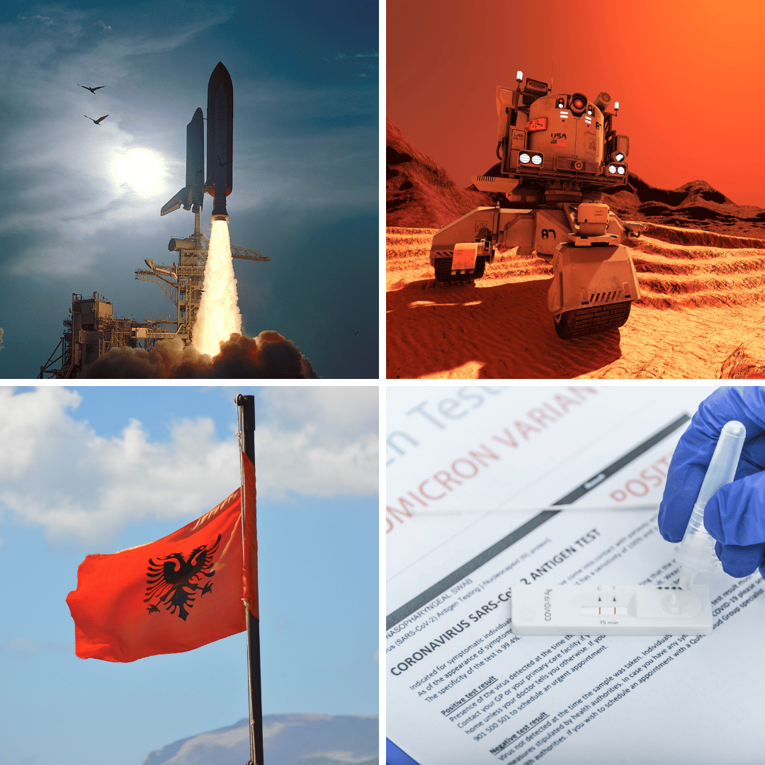 Montagem com imagens de foguete, sonda de Marte, bandeira da Albânia e Ômicron
