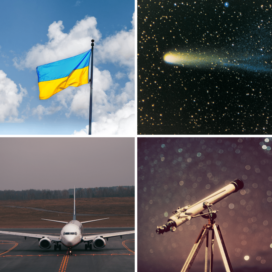 Montagem de imagens com bandeira da Ucrânia, Cometa Harlley, Boeing 727 e Telescópio.