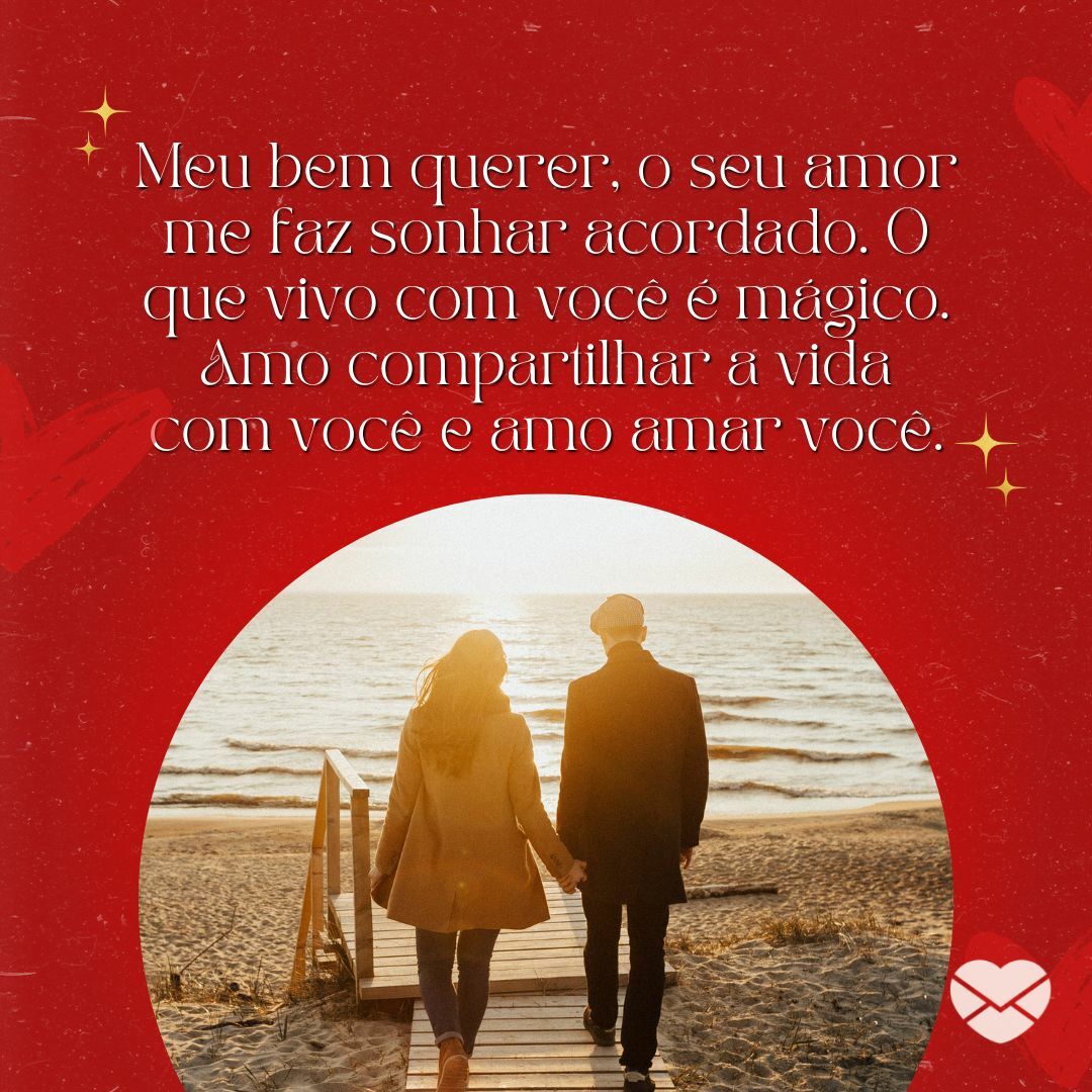 Sparklestroke Stories / Trendify / Wena Vega de Sketchify / Sparklestroke de Sparklestroke / Pavel Danilyuk de Pexels / Canva / Mensagens Com Amor 'Meu bem querer, o seu amor me faz sonhar acordado. O que vivo com você é mágico. Amo compartilhar a vida com você e amo amar você.' - Frases Tumblr Casal