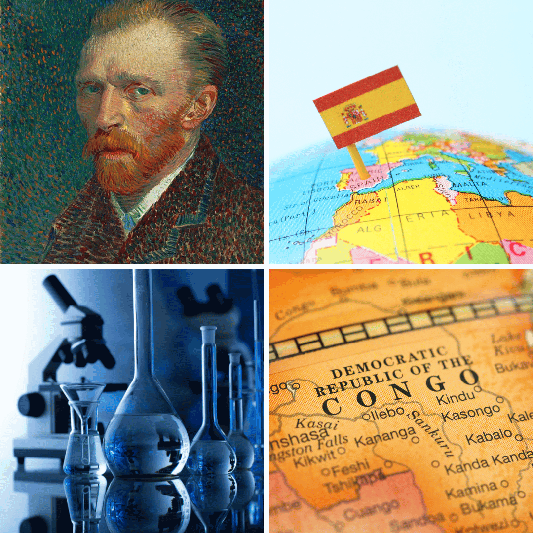 Montagem com fotos de Van Gogh, Espanha, laboratório Bell e Congo.