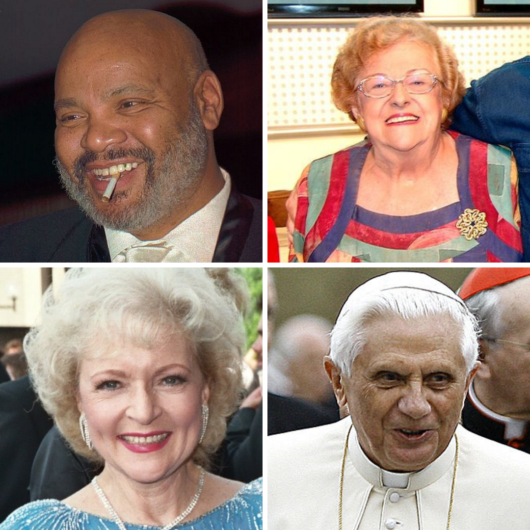 'Montagem com as fotos de James Avery, Etty Fraser, Betty White e Papa Bento XVI.'